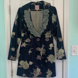 Young Essence Boho Gothic Denim Jacket, Floral Pattern And Lace Trim Size Small